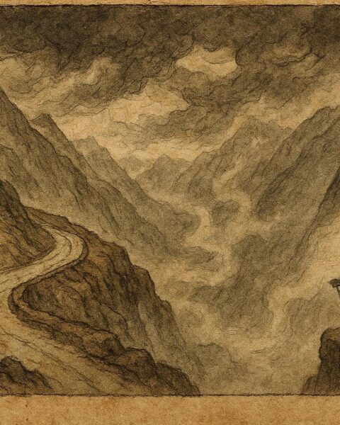 An artwork of Grimsel Pass spirits guiding traveler in Swiss Alps folklore.