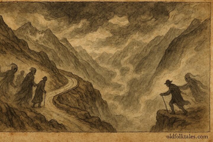An artwork of Grimsel Pass spirits guiding traveler in Swiss Alps folklore.