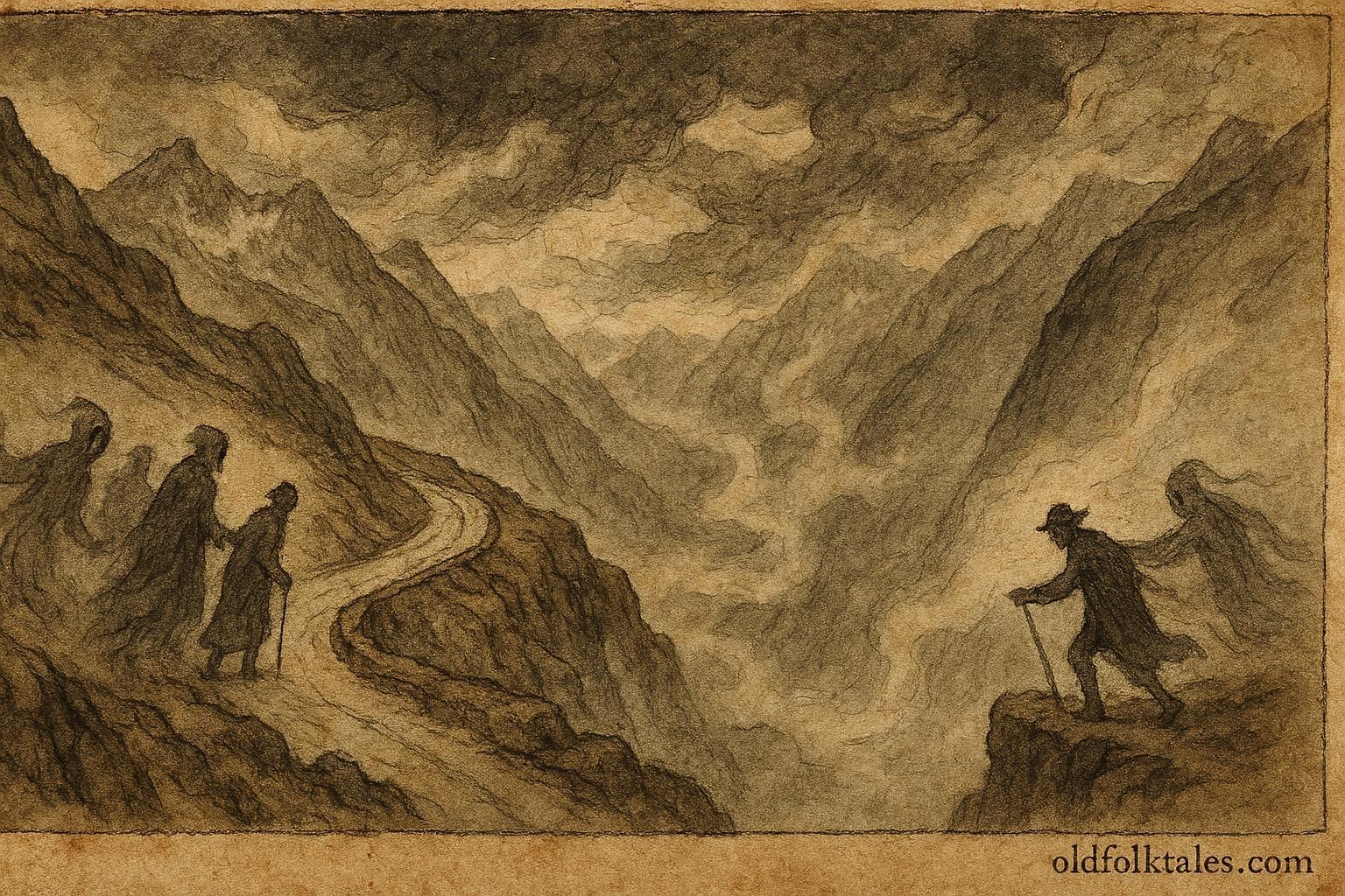 An artwork of Grimsel Pass spirits guiding traveler in Swiss Alps folklore.