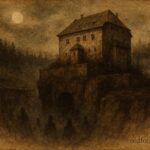 An artwork of Houska Castle over dark chasm, Czech folklore scene.