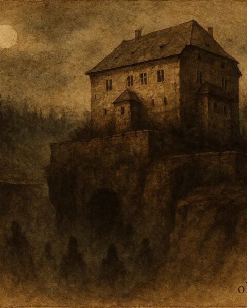An artwork of Houska Castle over dark chasm, Czech folklore scene.