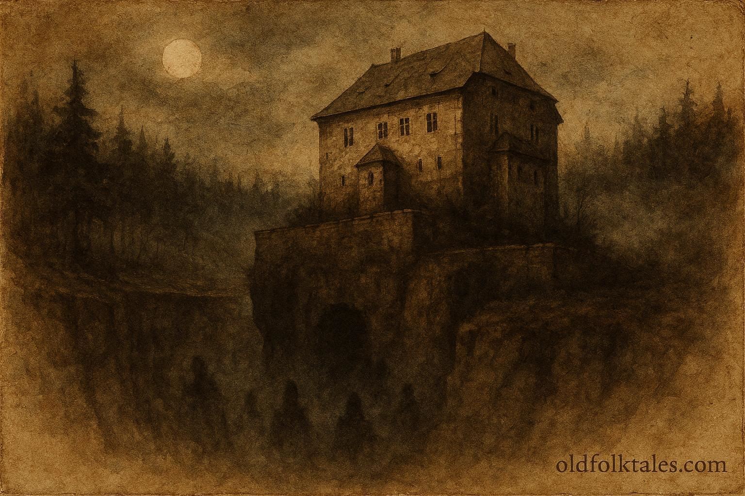 An artwork of Houska Castle over dark chasm, Czech folklore scene.