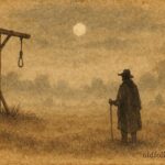 An illustration of a haunted gallows field with ghostly figures and a lone traveler in the Netherlands.