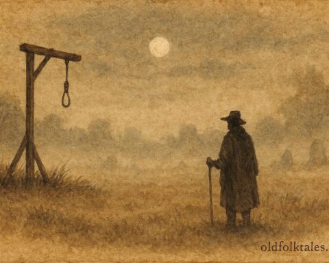 An illustration of a haunted gallows field with ghostly figures and a lone traveler in the Netherlands.