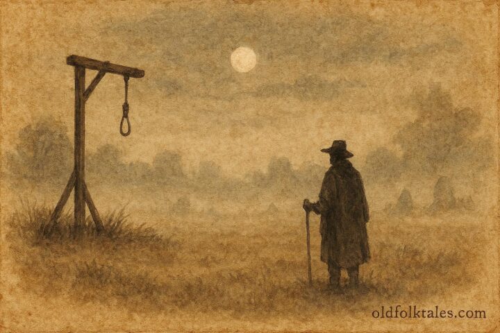 An illustration of a haunted gallows field with ghostly figures and a lone traveler in the Netherlands.