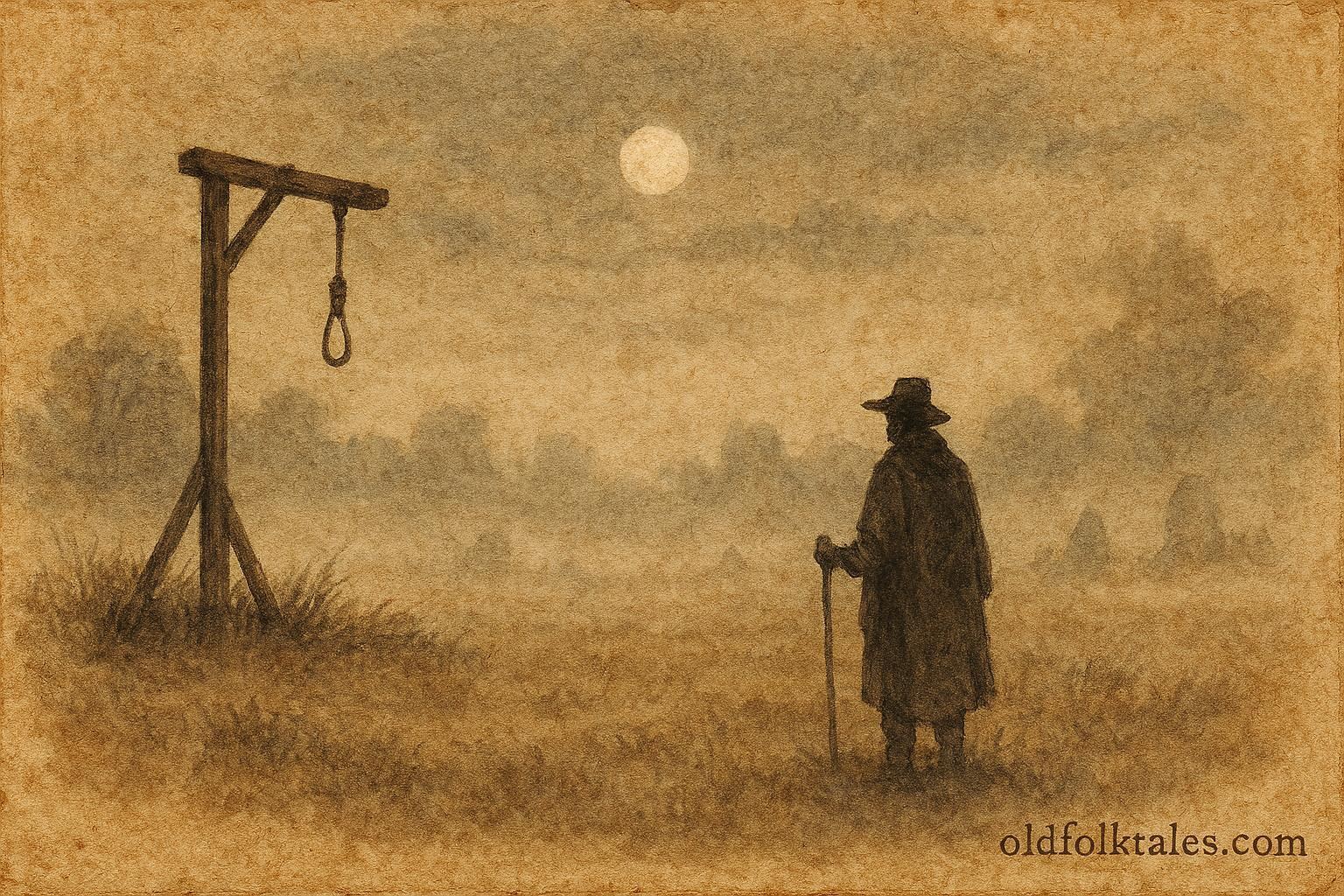 An illustration of a haunted gallows field with ghostly figures and a lone traveler in the Netherlands.