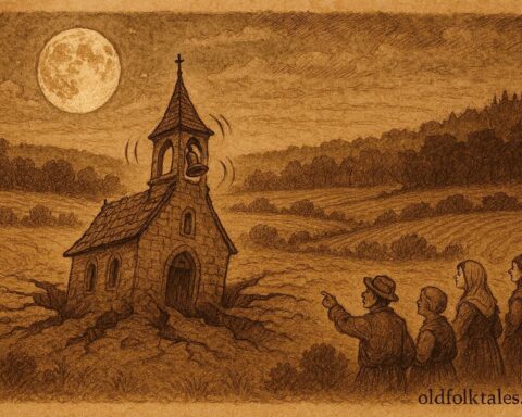 An illustration of sunken chapel bells ringing beneath the earth near Echternach, Luxembourg legend.