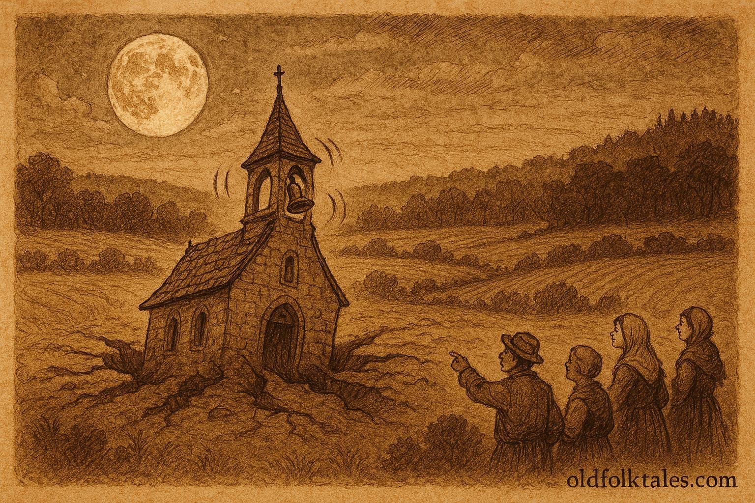 An illustration of sunken chapel bells ringing beneath the earth near Echternach, Luxembourg legend.