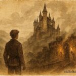 An illustration of a young man before a misty hidden castle, Hungarian folklore scene.