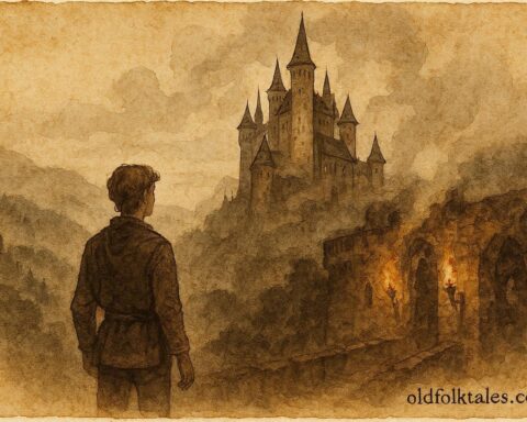An illustration of a young man before a misty hidden castle, Hungarian folklore scene.