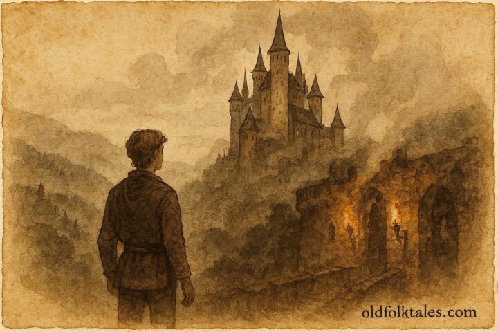 An illustration of a young man before a misty hidden castle, Hungarian folklore scene.