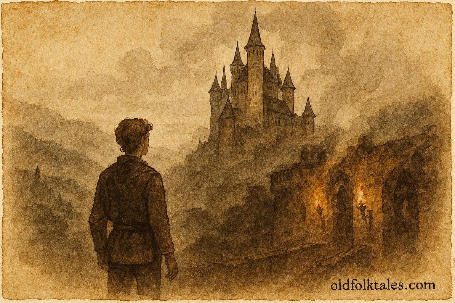 An illustration of a young man before a misty hidden castle, Hungarian folklore scene.