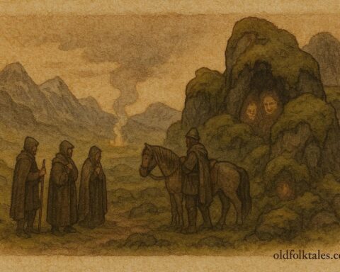 An illustration of travelers near hills with hidden elves in Icelandic folklore scene.