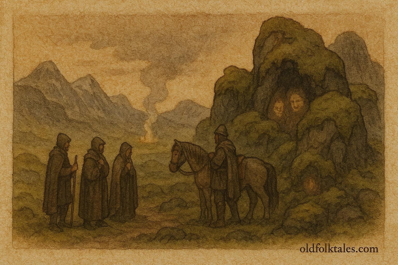 An illustration of travelers near hills with hidden elves in Icelandic folklore scene.