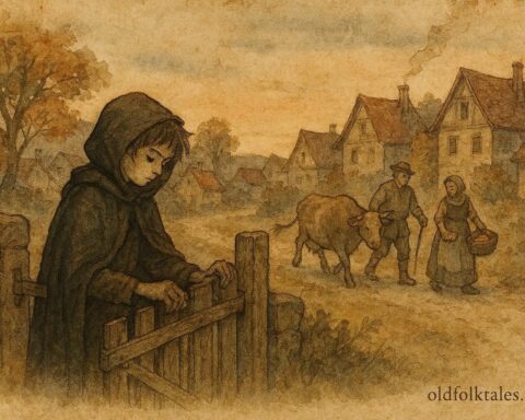 An artwork of invisible boy helping village, Bulgarian folktale scene.