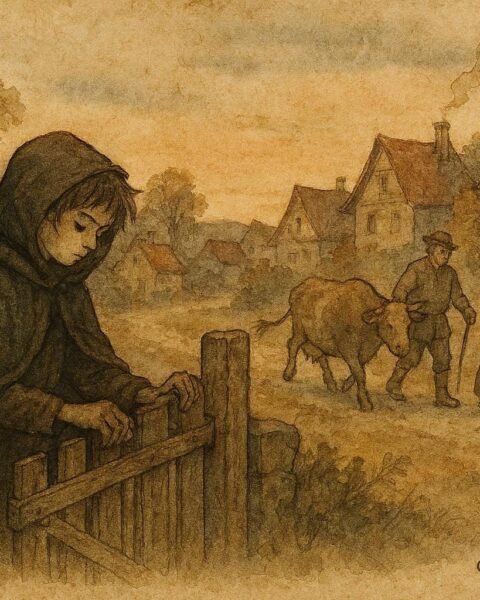 An artwork of invisible boy helping village, Bulgarian folktale scene.