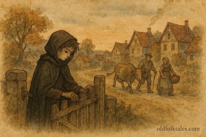 An artwork of invisible boy helping village, Bulgarian folktale scene.