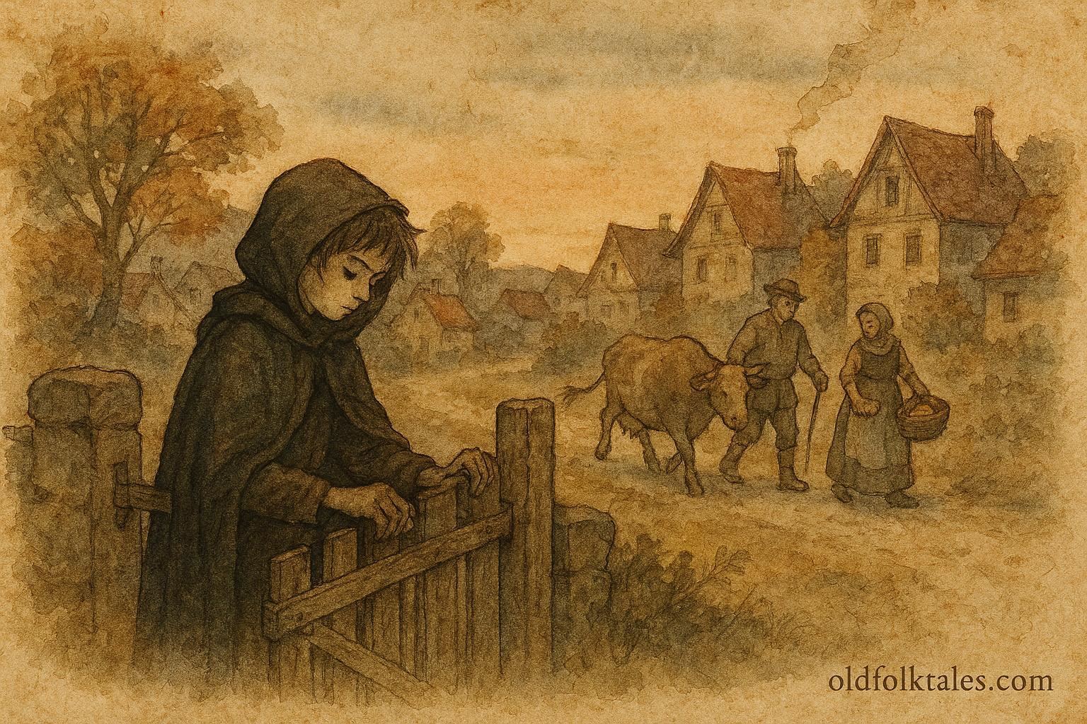 An artwork of invisible boy helping village, Bulgarian folktale scene.