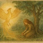 An illustration of magical bird above juniper tree, German folktale scene.