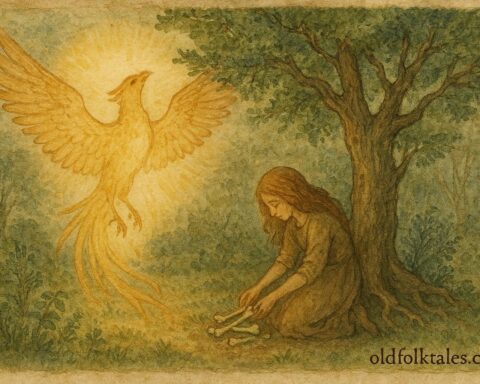 An illustration of magical bird above juniper tree, German folktale scene.