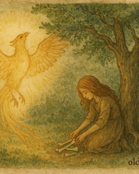 An illustration of magical bird above juniper tree, German folktale scene.