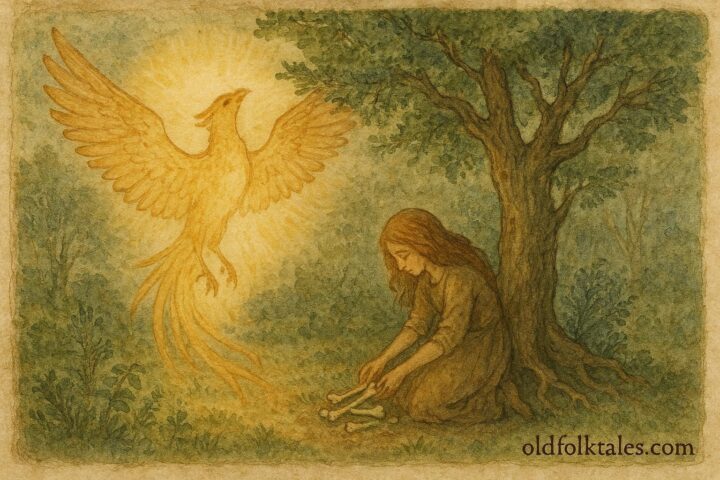 An illustration of magical bird above juniper tree, German folktale scene.