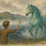 An illustration of a kelpie luring a boy by Loch Ness, Scottish folktale scene.