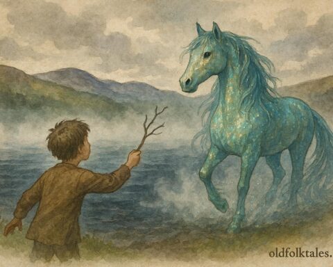An illustration of a kelpie luring a boy by Loch Ness, Scottish folktale scene.