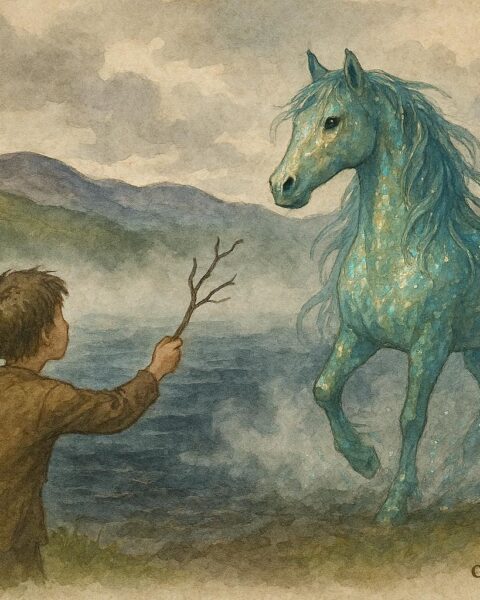 An illustration of a kelpie luring a boy by Loch Ness, Scottish folktale scene.