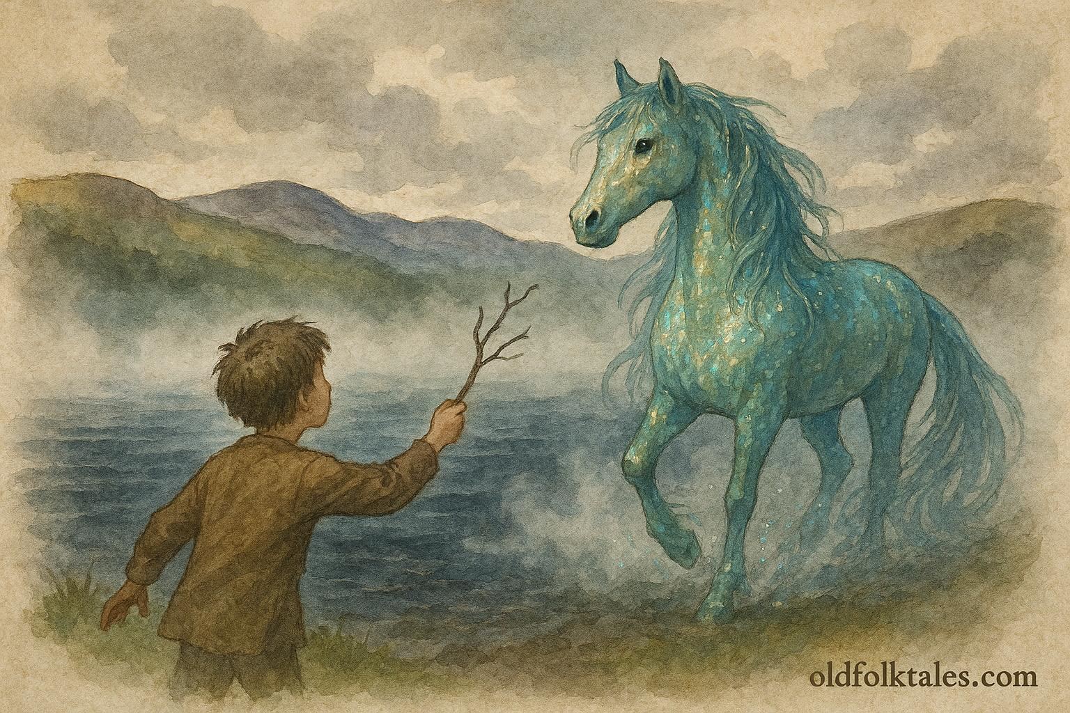 An illustration of a kelpie luring a boy by Loch Ness, Scottish folktale scene.