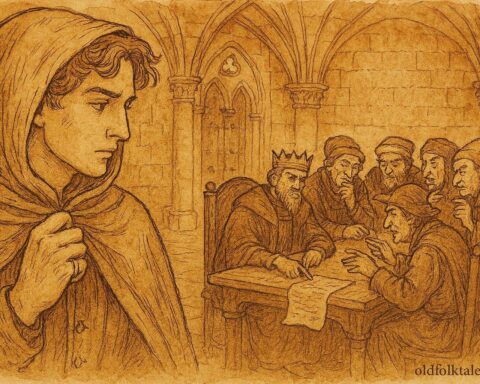 An artwork of invisible young man exposing corruption in royal court, Romanian folktale scene.