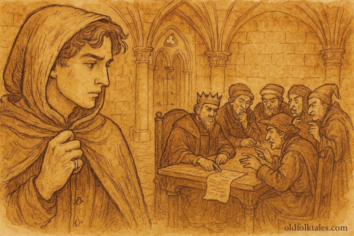 An artwork of invisible young man exposing corruption in royal court, Romanian folktale scene.