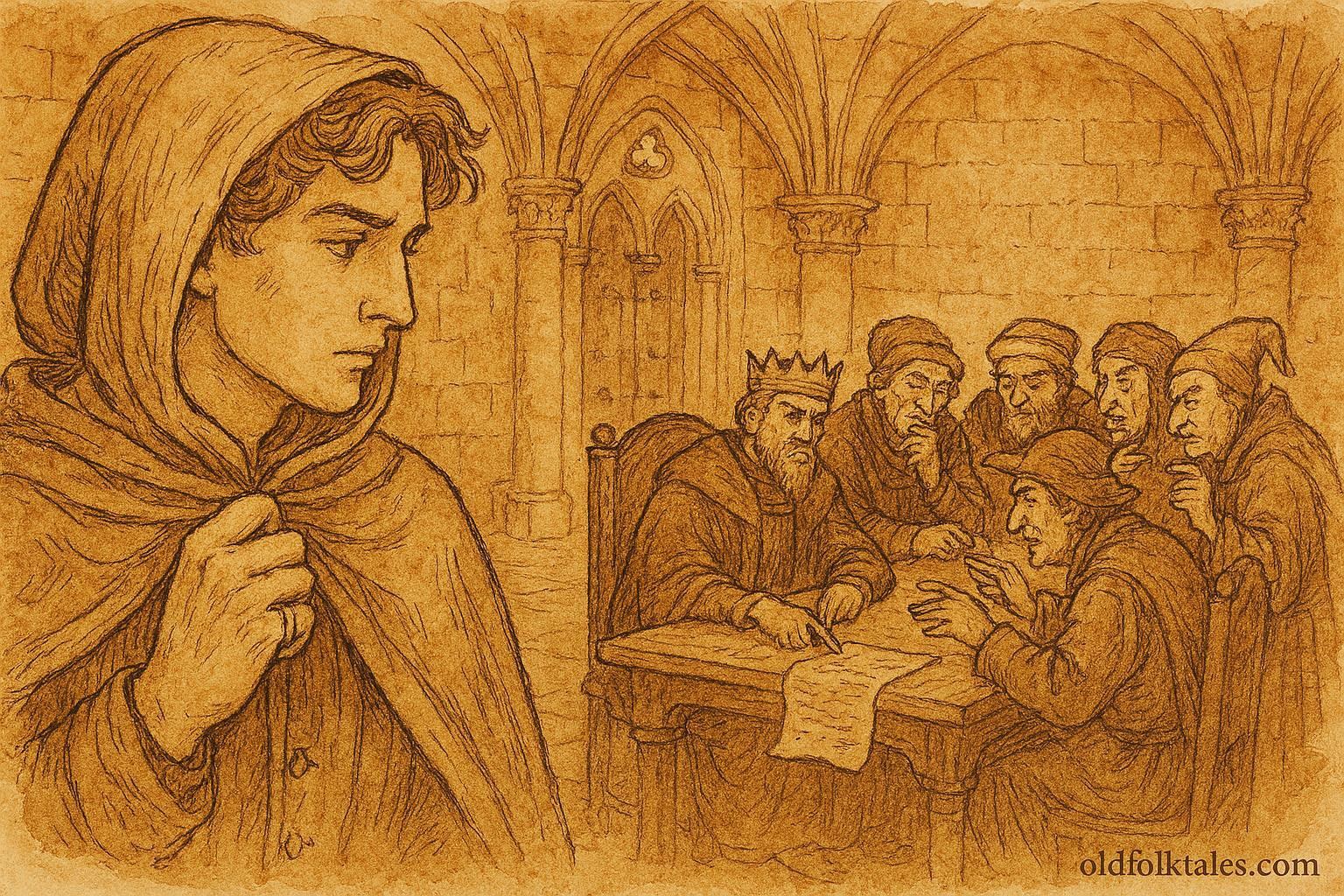 An artwork of invisible young man exposing corruption in royal court, Romanian folktale scene.