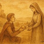 An artwork of the youngest prince choosing his virtuous bride, Hungarian folktale scene.