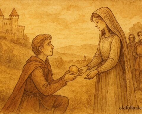 An artwork of the youngest prince choosing his virtuous bride, Hungarian folktale scene.