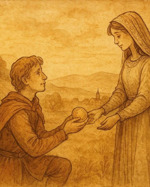 An artwork of the youngest prince choosing his virtuous bride, Hungarian folktale scene.