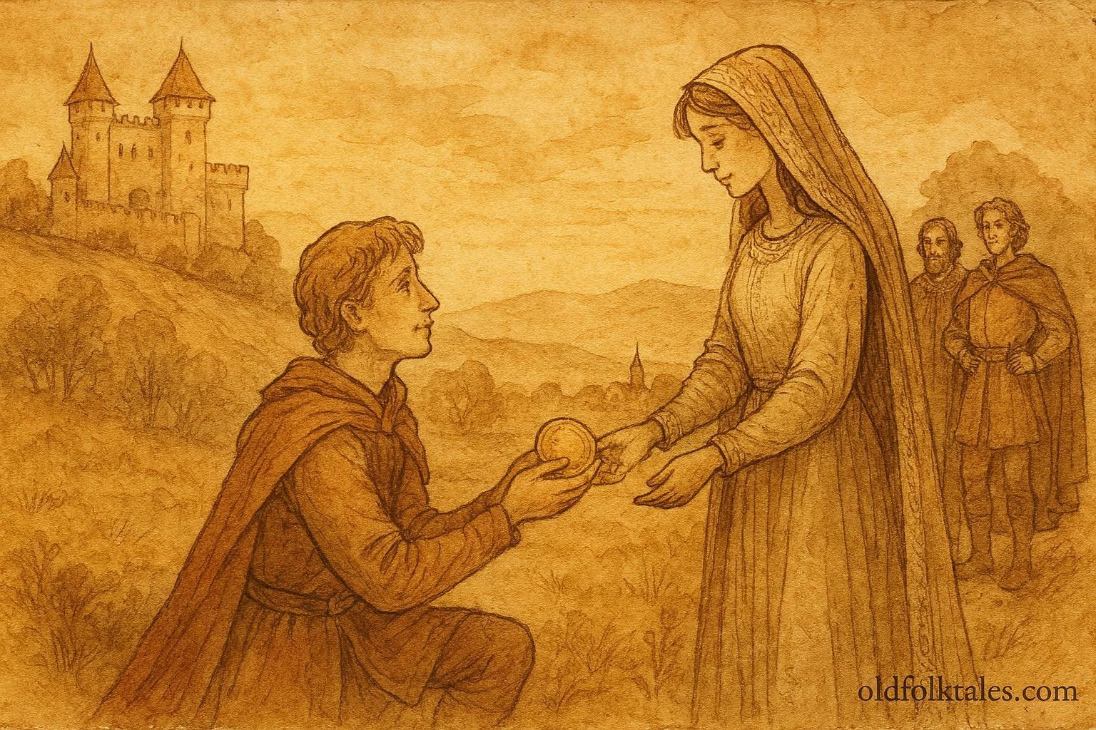 An artwork of the youngest prince choosing his virtuous bride, Hungarian folktale scene.