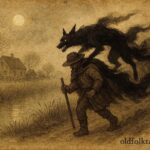 An illustration of Kludde shapeshifting onto a traveler at night in Flanders, Dutch folklore.