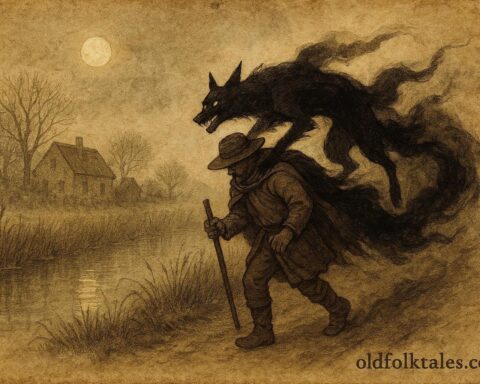 An illustration of Kludde shapeshifting onto a traveler at night in Flanders, Dutch folklore.