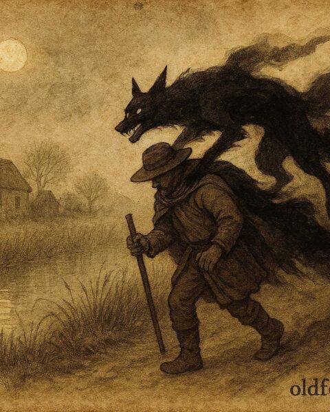 An illustration of Kludde shapeshifting onto a traveler at night in Flanders, Dutch folklore.