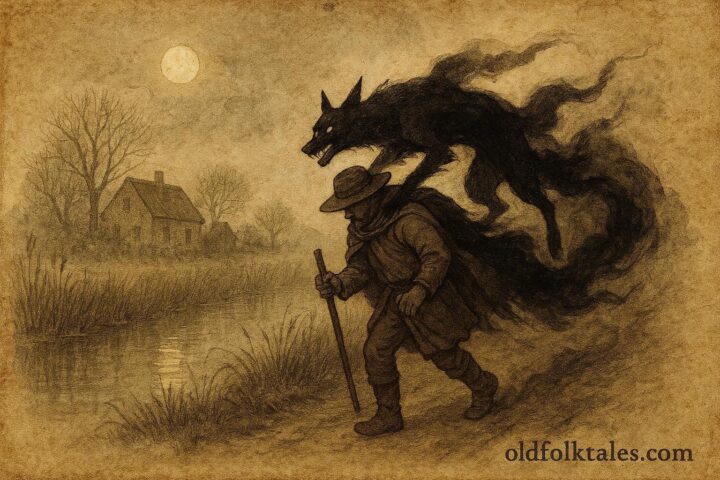 An illustration of Kludde shapeshifting onto a traveler at night in Flanders, Dutch folklore.