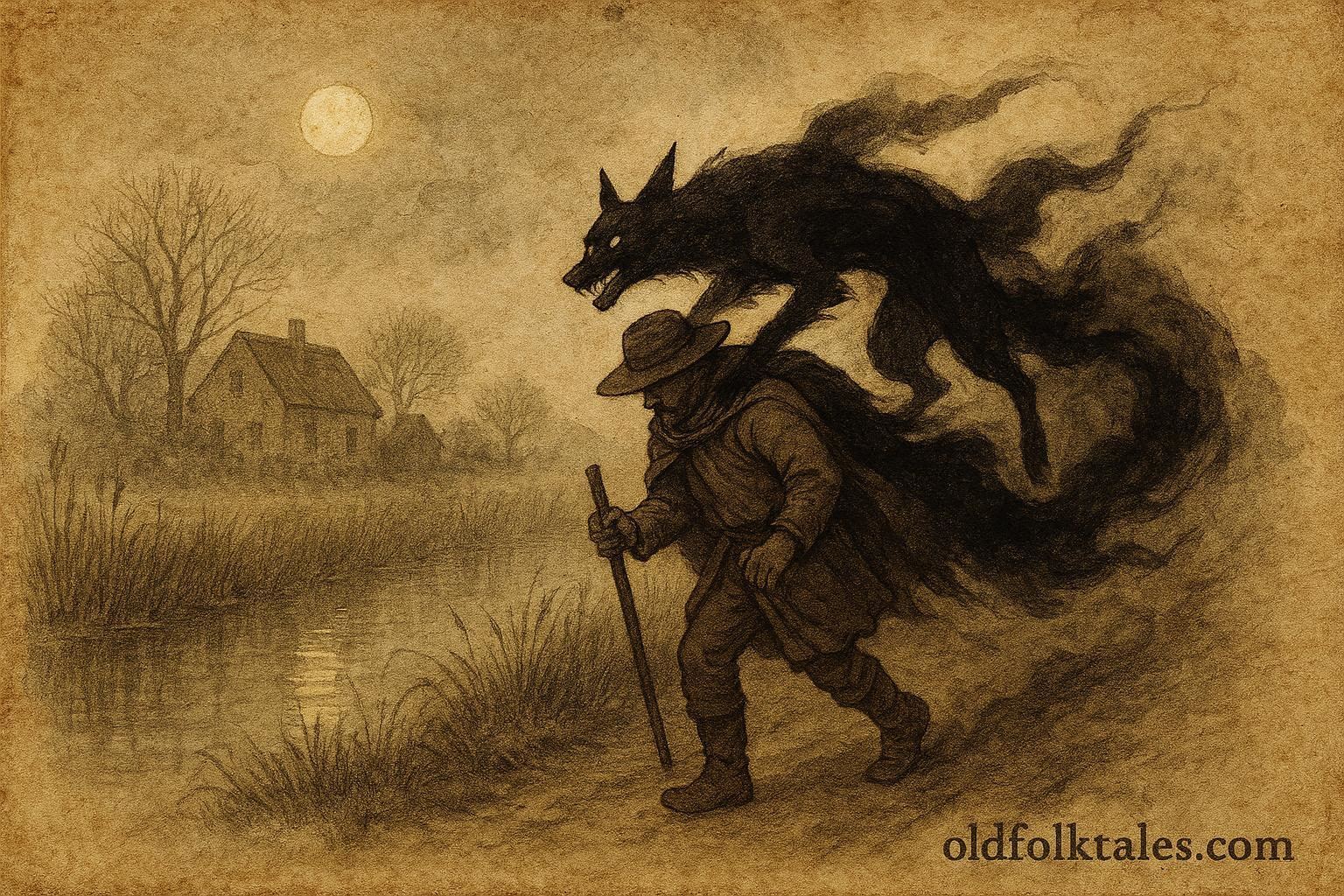 An illustration of Kludde shapeshifting onto a traveler at night in Flanders, Dutch folklore.