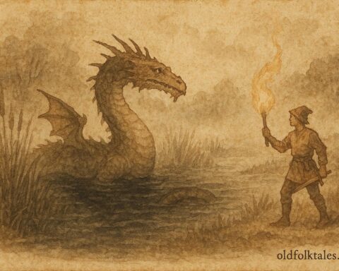 An illustration of Knucker dragon emerging from Knucker Hole pond in Sussex folklore.