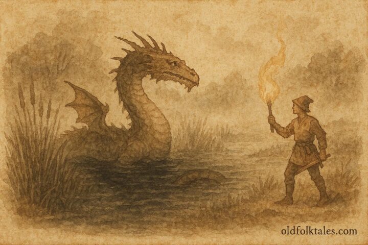 An illustration of Knucker dragon emerging from Knucker Hole pond in Sussex folklore.