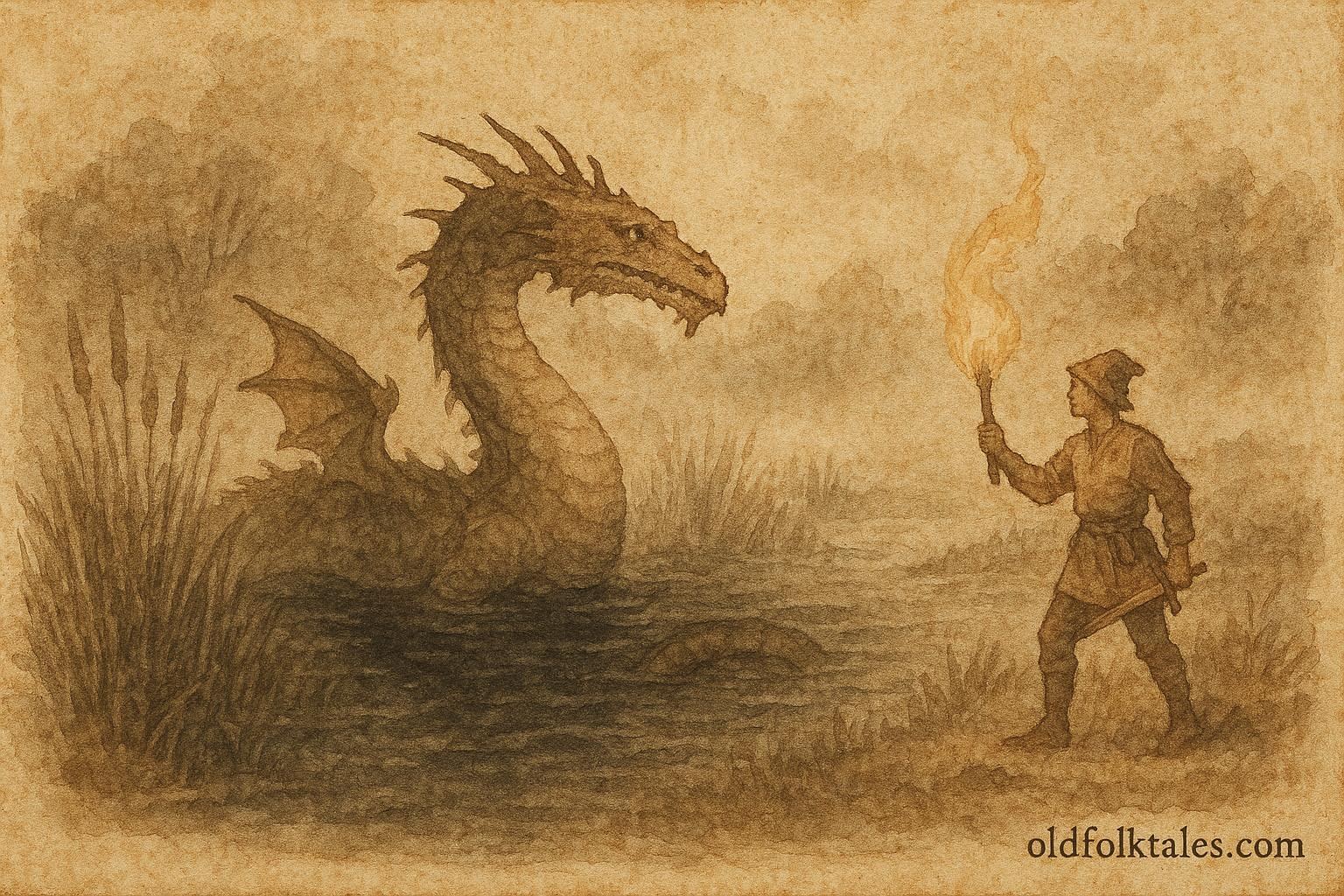 An illustration of Knucker dragon emerging from Knucker Hole pond in Sussex folklore.