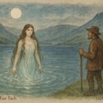 An illustration of lake maiden emerging from Welsh lake, folktale scene.