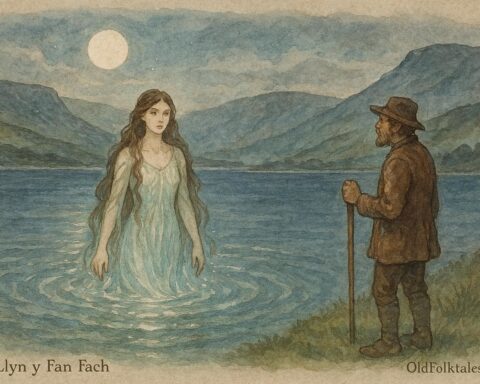 An illustration of lake maiden emerging from Welsh lake, folktale scene.
