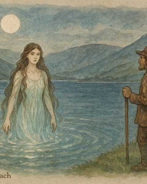 An illustration of lake maiden emerging from Welsh lake, folktale scene.