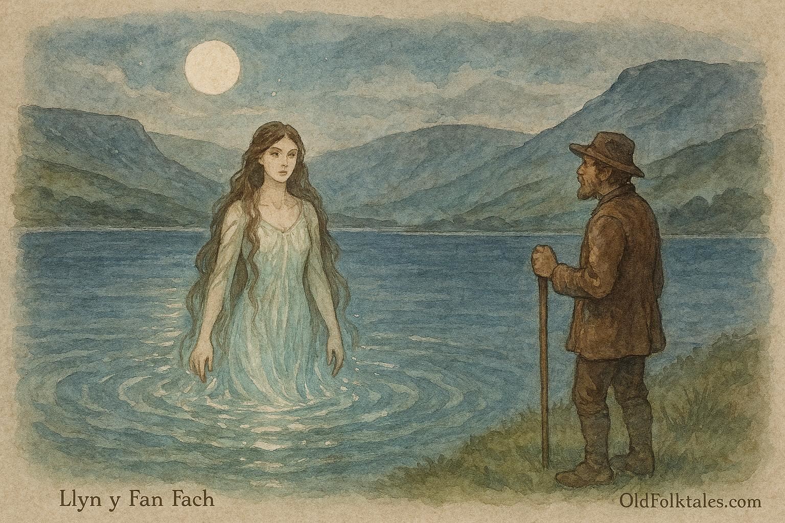 An illustration of lake maiden emerging from Welsh lake, folktale scene.