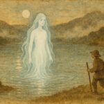An illustration of the Lady of Llangorse Lake appearing to a respectful farmer, Welsh folklore scene.